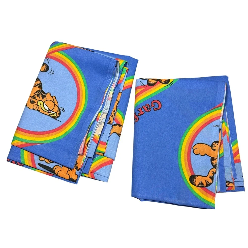 Vintage 1978 Garfield Rainbow Blue 2 Piece Twin Sheet Set Jim Davis 2pc